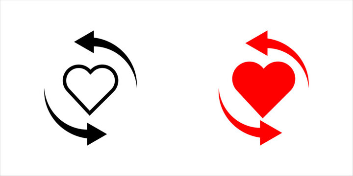 Minimal outline icon set. of heart with bold circular arrows representing love cycle, relationship renewal, and emotional update.