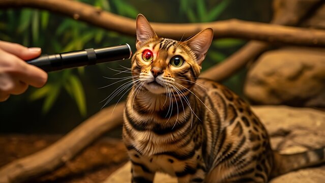 Bengal cat with bright red eye looking at laser pointer