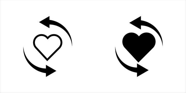 Minimal outline icon set. of heart with bold circular arrows representing love cycle, relationship renewal, and emotional update.