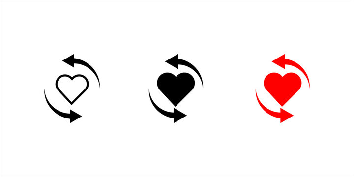 Minimal outline icon set. of heart with bold circular arrows representing love cycle, relationship renewal, and emotional update.