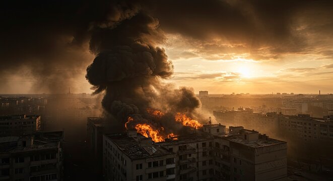 Cityscape on fire at sunset.