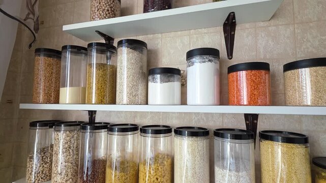 Pantry shelves displaying organized dry food items, including grains, pulses, and flour, in transparent containers for efficient kitchen storage and healthy eating