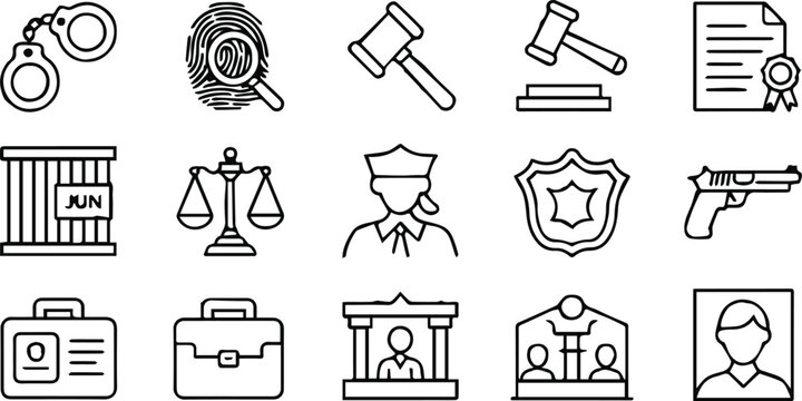 justice line icons set gavel scale handcuffs badge and more
