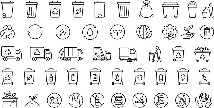 Collection of black and white line representing waste management, recycling, and environmental care trash can