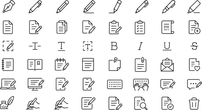 Collection of black and white line representing writing, editing, and document management