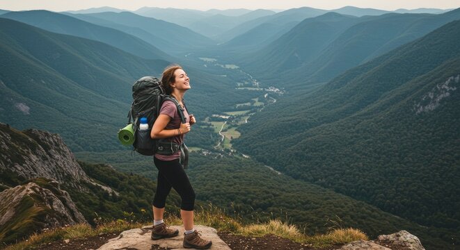 Hiker standing on mountain peak.