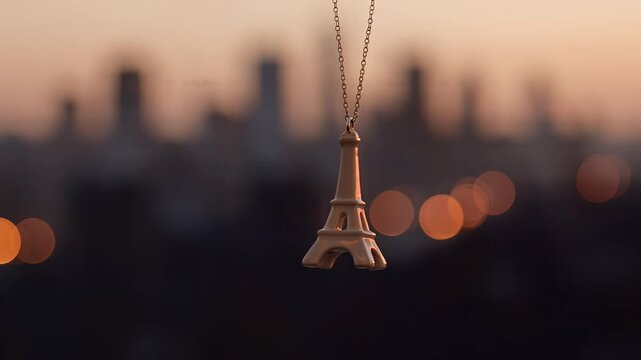 Golden Eiffel Tower Travel Charm Pendant Necklace with Cityscape Bokeh Lights