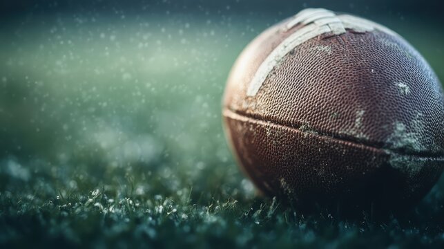 A wet football positioned on a grassy field evokes the thrill and intensity of the game, highlighting the texture and motion synonymous with sports in an outdoor setting.
