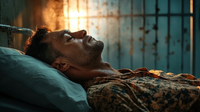 A man lies on a bed in a dimly lit room behind rusty prison bars, exuding a sense of despair and contemplation, surrounded by an atmosphere of confinement and unease.