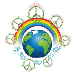 Naklejka premium Earth Represents Peace and Unity Surrounded by Rainbow and Flowers