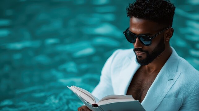 A stylish man wearing sunglasses relaxes by the turquoise pool, engrossed in a book, embodying a luxurious lifestyle, tranquility, and the essence of leisure and summer escapism.