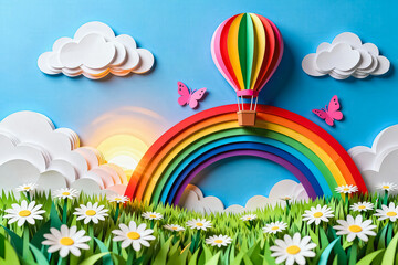 Naklejka premium A whimsical paper craft spring landscape featuring a rainbow, hot air balloon, blooming daisies, fluffy clouds, sunrise and butterflies against a bright blue sky.