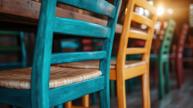 This vibrant image showcases a collection of colorful dining chairs in a rustic environment, emphasizing the charm and warmth of a cozy gathering space perfect for sharing meals.