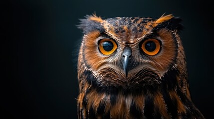 Fototapeta premium A close-up shot of a majestic owl showcasing its captivating features and intense expression, inviting admiration for its beauty and the mystery of wildlife in nature.
