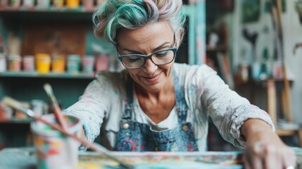 Fototapeta premium An artistic middle-aged woman passionately working on a vibrant painting in her studio, surrounded by colorful materials and embracing her creative expression.