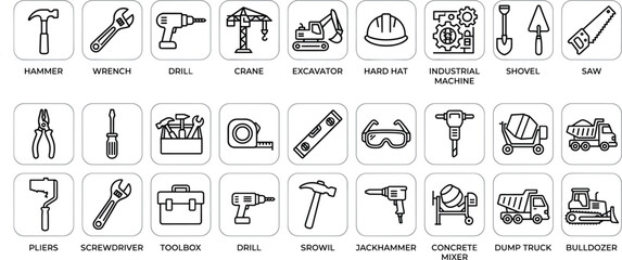 Professional construction line icon set featuring heavy machinery building tools safety equipment industrial hardware and engineering symbols for architectural projects and site development. © ST