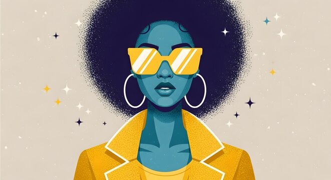 Pop art portrait of a woman with an afro and sunglasses. Retro vintage fashion and urban style concept. Stylized character illustration of a black woman with big hoop earrings