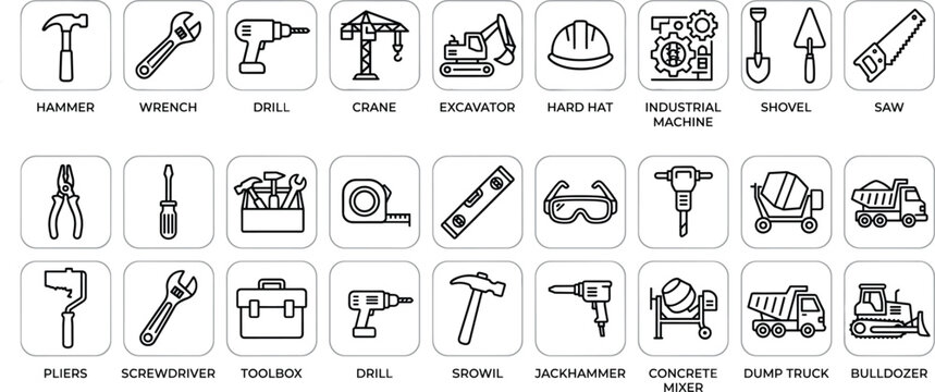 Professional construction line icon set featuring heavy machinery building tools safety equipment industrial hardware and engineering symbols for architectural projects and site development.