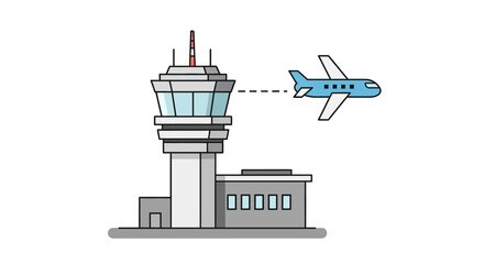 Obraz premium Air traffic control tower and airplane.