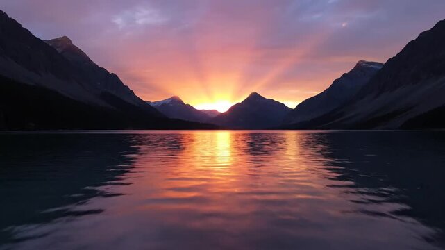 Tranquil mountain lake at sunset with vibrant colors and serene atmosphere