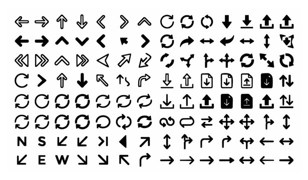 Black arrow icons with packaging and information symbols in thin line style for logistics and shipping isolated on white background