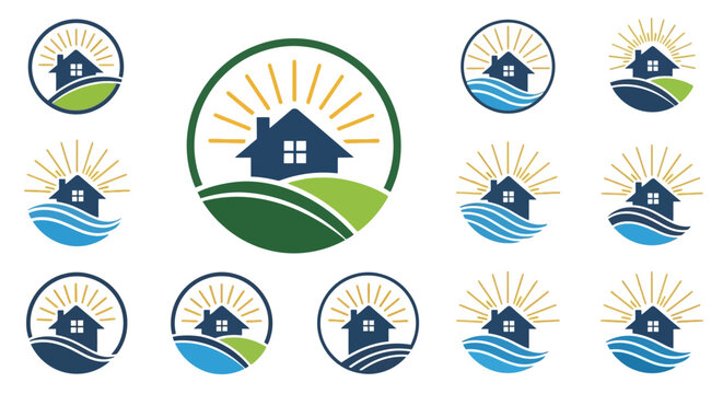 House with sun logo designs.