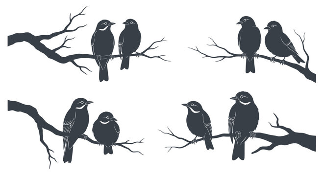 Group of small black birds perched.