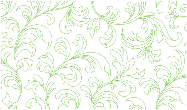 Premium Seamless Green Floral Ornament Pattern - Elegant Curly Leaf Texture, Aesthetic Botanical Scrollwork Background  Vibrant Nature-Inspired Vector for Textile  Wallpaper Design