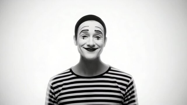 Black and white portrait of a mime artist smiling in a striped shirt and beret