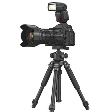 Professional digital camera mounted on a sturdy tripod with a flash attachment.
