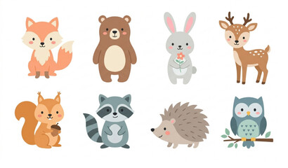 Fototapeta premium Modern woodland animals vector set with cute forest characters for baby nursery and kids design isolated on white