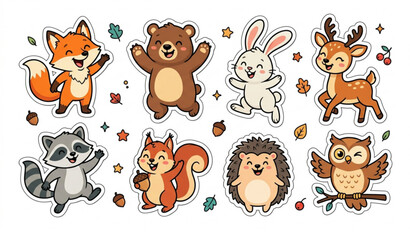 Cute woodland animal sticker vector set with colorful forest characters for kids design isolated on white © Joy