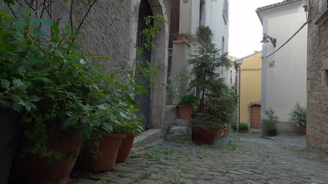 Historic center of the small village of Castel San Vincenzo with ancient stone houses, Molise, Italy