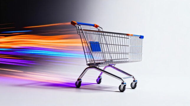 A studio shot of an empty supermarket shopping cart with dynamic motion blur light trails on a clean white background, representing fast ecommerce and retail commerce.