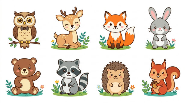 Colorful woodland animals vector set with cute forest cartoon characters for kids stickers apparel isolated on white