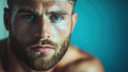 Fototapeta premium A close-up portrait of a handsome man with captivating blue eyes, showcasing strong features and an intense expression that draws the viewer’s attention.