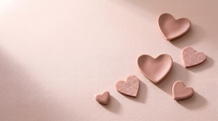 Fototapeta premium A collection of delicate pink heart-shaped objects arranged on a soft, textured surface with gentle lighting.