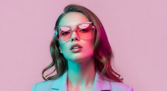High fashion portrait in pastel pink and blue neon. Modern glamour and beauty trends. Elegant woman with long hair wearing clear glasses in soft studio lighting