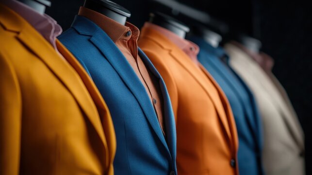 A vivid array of colorful suits displayed on mannequins, showcasing modern fashion trends and style diversity ideal for formal events, business meetings, and upscale occasions.