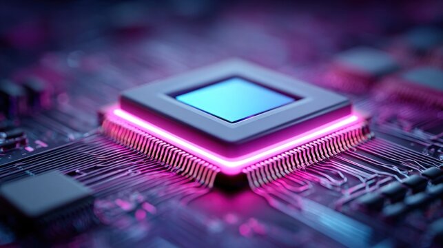 Close-up of a computer processor with a neon glow, technology concept