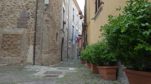 Historic center of the small village of Castel San Vincenzo with ancient stone houses, Molise, Italy