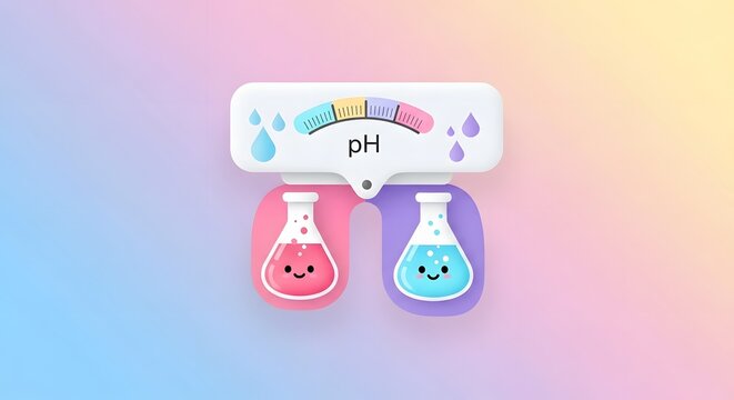 cute kawaii ph scale illustration with happy science flasks