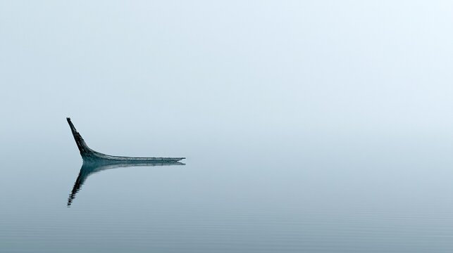 Old broken weathered tree trunk log sticking out of calm misty still lake water with pale foggy blue background showing a serene minimalist natural landscape