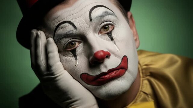 Tired clown leaning on hand with sad expression and white face paint