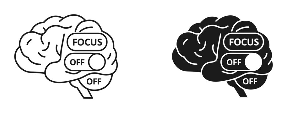 Brain focus icon set with off switch, outline and solid glyph style, white background, vector Illustration