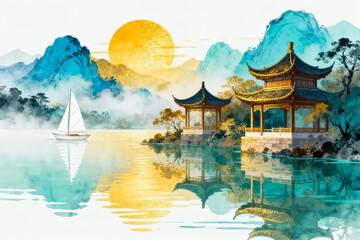 Naklejka premium Traditional Chinese Landscape Painting with Pavilions and Lake Sunset