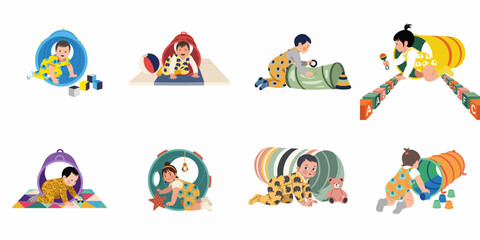 Fototapeta premium Set of eight flat vector illustrations featuring cute babies and toddlers playing with tunnels, building blocks, and various colorful educational toys.