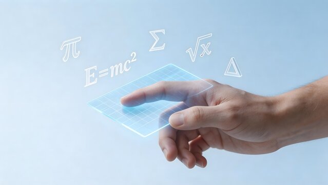 Hand interacting with digital math equations