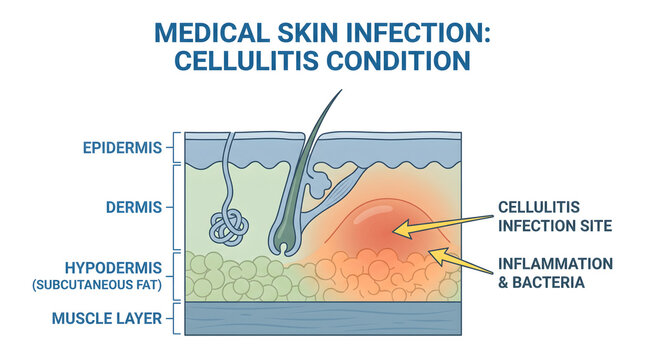 Diagram illustrating a medical skin infection known as cellulitis, showing inflammation and bacteria in the hypodermis layer.