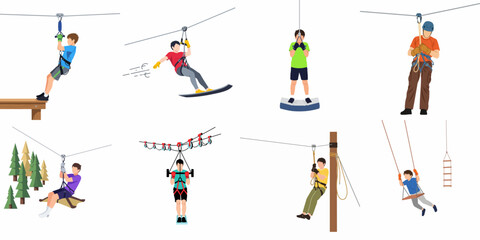Various Flat Style Illustrations of Men and Boys Participating in Zipline and Rope Course Activities in a Forest Adventure Park © Rizki